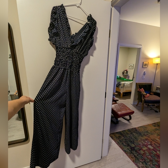 Max Studio Wide Leg Blue Polka Dot Romper - Picture 1 of 4